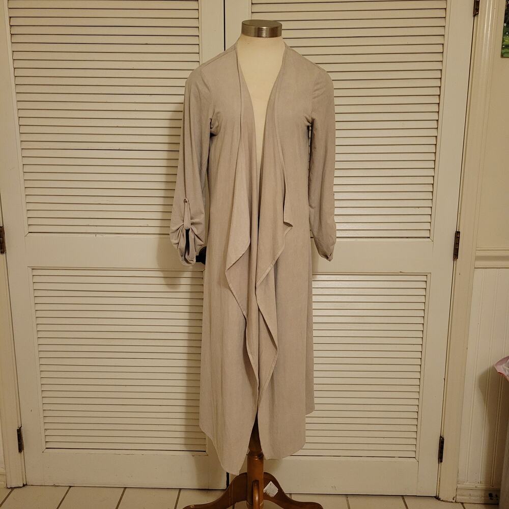 Tahari NWT Faux Leather Cardigan One Size Soft Beige Drape Front Lightweight - Picture 11 of 15